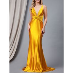 Style Marigold Yellow Deep V-Neck Open Back Satin Prom Mermaid Formal Dress Amelia Yellow Size 4 Backless Polyester Mermaid Dress on Queenly