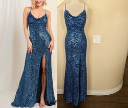 Style Denim Blue Sequined Cowl Rhinestone Wedding Guest Prom Formal Party Dress Minuet Blue Size 2 Side slit Dress on Queenly