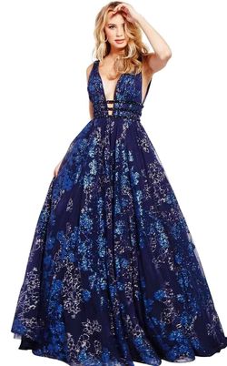 Style 52143 Jovani Blue Size 0 Floor Length 52143 Plunge Ball gown on Queenly