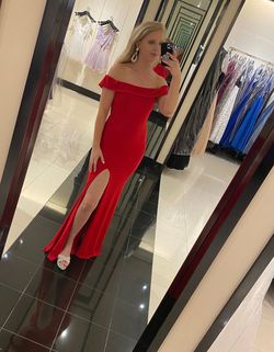 Faviana Red Size 8 Floor Length Free Shipping Side slit Dress on Queenly