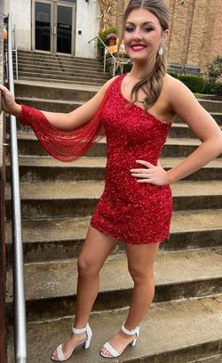 Style Fully Beaded Rachel Allan Red Size 6 One Shoulder Mini Homecoming Nightclub Cocktail Dress on Queenly