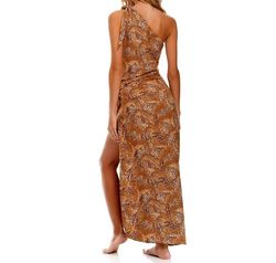 Style 1-119483730-2696 AGUA BENDITA Brown Size 12 One Shoulder Tall Height Black Tie Side slit Dress on Queenly