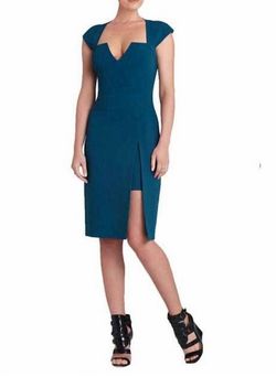 Style 1-3578106770-2168 BCBGMAXAZRIA Blue Size 8 Side Slit Cap Sleeve Black Tie Cocktail Dress on Queenly