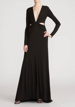Style 1-3228186113-1901 HALSTON HERITAGE Black Tie Size 6 Plunge Sleeves Floor Length Straight Dress on Queenly