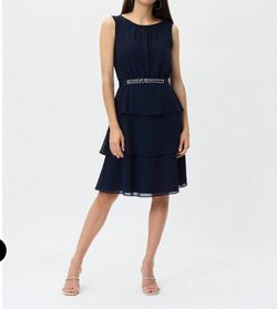 Style 1-2470261635-2168 Joseph Ribkoff Blue Size 8 Tall Height Belt Boat Neck Cocktail Dress on Queenly