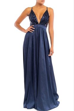 Style 1-374501027-3236 LUXXEL Blue Size 4 Floor Length Wedding Guest Plunge A-line Dress on Queenly