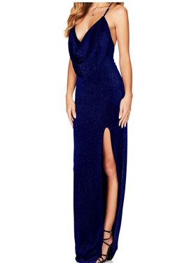 Style 1-3403388568-3855 NOOKIE Blue Size 0 Tall Height Navy Floor Length Shiny Side slit Dress on Queenly