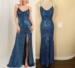 Style Denim Blue Sequined Cowl Rhinestone Formal Dress Minuet Blue Size 6 Floor Length Homecoming Side slit Dress on Queenly