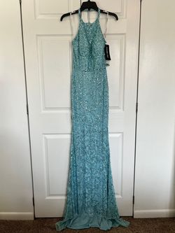 Style 53614 Sherri Hill Light Blue Size 2 High Neck Embroidery 53614 Military Mermaid Dress on Queenly
