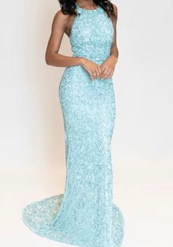 Style 53614 Sherri Hill Light Blue Size 2 Embroidery Prom Military Mermaid Dress on Queenly
