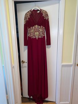 Johnathan Kayne Red Size 6 Long Sleeve Wedding Guest Burgundy Sequined Train Dress on Queenly