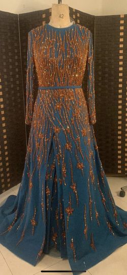 Style Custom made Ahmad issa couture Blue Size 8 Pattern Free Shipping A-line Dress on Queenly
