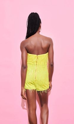 Style 1-2098251619-3855 SAYLOR Yellow Size 0 Sequined Jersey Fringe Speakeasy Jumpsuit Dress on Queenly