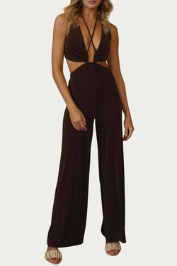 Style 1-2667661309-2901 ENDLESS BLU. Brown Size 8 Fitted Spandex Plunge Jumpsuit Dress on Queenly