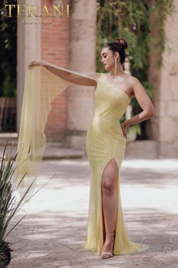 Style 232E1209 Terani Couture Yellow Size 6 Tall Height Side slit Dress on Queenly