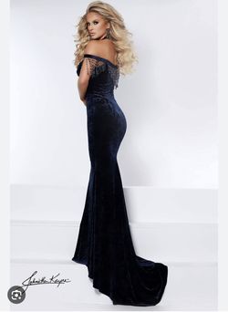 Style 2415 Johnathan Kayne Blue Size 14 Velvet Mermaid Dress on Queenly