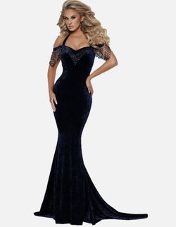 Style 2415 Johnathan Kayne Blue Size 14 Velvet Mermaid Dress on Queenly