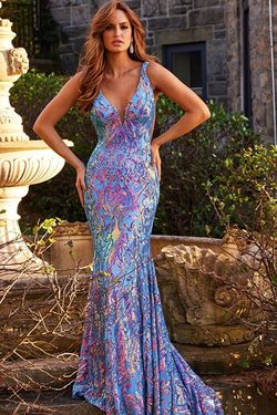 Style 8099 Jovani Blue Size 0 Pageant V Neck Tall Height Fitted Mermaid Dress on Queenly