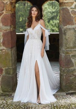 Style 5956 MoriLee White Size 12 Ivory Lace Floor Length Side slit Dress on Queenly