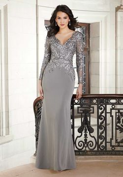 Style 72611 MoriLee SIlver Size 8 V Neck Long Sleeve Tall Height Mermaid Dress on Queenly