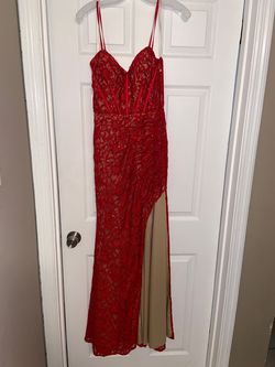 Style WBM2897 David's Bridal Red Size 8 Floor Length Tall Height Plunge A-line Dress on Queenly