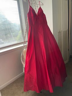 Betsy and Adam Red Size 12 Plunge Floor Length Prom Ball gown on Queenly