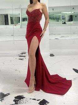 Style Custom Couture Jovani Red Size 4 Custom Floor Length Strapless Side slit Dress on Queenly