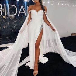 Jovani White Size 10 Floor Length Side slit Dress on Queenly