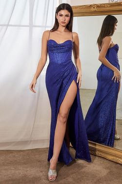Style CD254 Cinderella Divine Blue Size 16 Tall Height Spaghetti Strap Floor Length Side slit Dress on Queenly