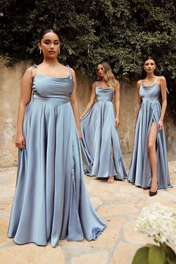 Style CDBD104 Cinderella Divine Blue Size 0 Satin Floor Length Side slit Dress on Queenly