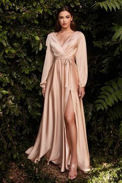Style CD7475 Cinderella Divine Nude Size 20 Satin Long Sleeve Plus Size Side slit Dress on Queenly
