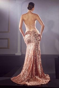 Style CDS421 Cinderella Divine Rose Gold Size 6 Spaghetti Strap Sequined Black Tie Side slit Dress on Queenly