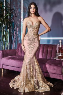 Style CDJ810 Cinderella Divine Gold Size 4 Shiny Fitted Lace Corset Mermaid Dress on Queenly