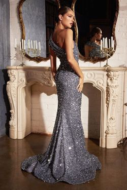 Style CD980 Cinderella Divine Silver Size 10 Sequined One Shoulder Tall Height Floor Length Mermaid Dress on Queenly
