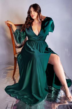 Style CD7475 Cinderella Divine Green Size 14 Satin Black Tie Plus Size Floor Length Emerald Side slit Dress on Queenly