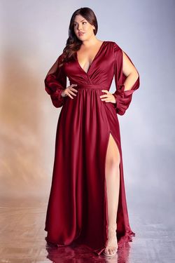 Style CD7475 Cinderella Divine Red Size 10 Long Sleeve Burgundy Side slit Dress on Queenly