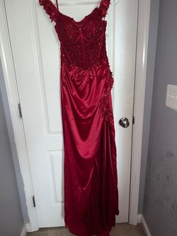 Cinderella Divine Red Size 8 Lace Sequined Prom Side slit Dress on Queenly