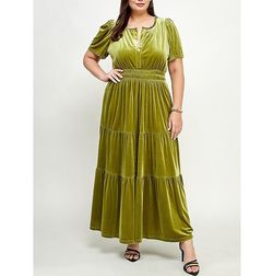 Style Chartreuse Green Boho Velvet Short Sleeve Tiered A-line Maxi Dress Green Size 16 A-line Dress on Queenly