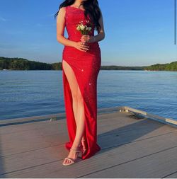 Style 54401 Sherri Hill Red Size 6 Sequined Pageant Black Tie Prom Side slit Dress on Queenly