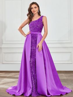 Style FSWD9013 Faeriesty Purple Size 12 Sequined Polyester Military One Shoulder Jersey Mermaid Dress on Queenly