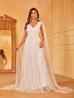 Style FSWD8089 Faeriesty White Size 0 Tulle Floor Length Cape A-line Dress on Queenly