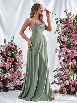 Style FSWD0913 Faeriesty Green Size 0 Spaghetti Strap Satin Floor Length Side slit Dress on Queenly