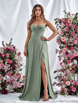 Style FSWD0913 Faeriesty Light Green Size 8 Satin Floor Length Spaghetti Strap Side slit Dress on Queenly