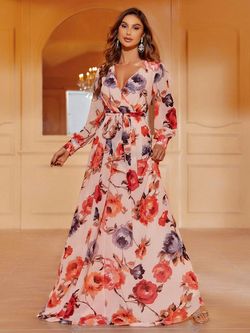 Style FSWD0181 Faeriesty Pink Size 0 Belt Floral Long Sleeve Straight Dress on Queenly