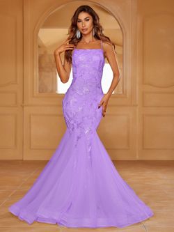 Style LAWD8042 Faeriesty Purple Size 0 Spaghetti Strap Sheer Mermaid Dress on Queenly