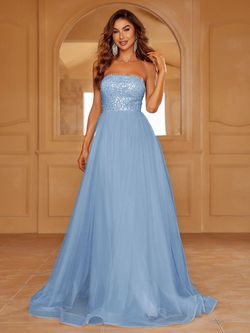 Style LAWD8029 Faeriesty Blue Size 4 Floor Length Sheer Polyester Sequined A-line Dress on Queenly