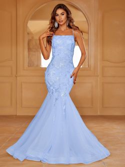 Style LAWD8042 Faeriesty Blue Size 4 Polyester Military Sheer Spaghetti Strap Lawd8042 Mermaid Dress on Queenly