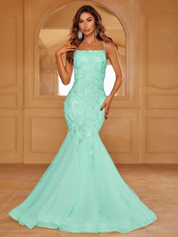 Style LAWD8042 Faeriesty Green Size 0 Spaghetti Strap Tall Height Polyester Mermaid Dress on Queenly
