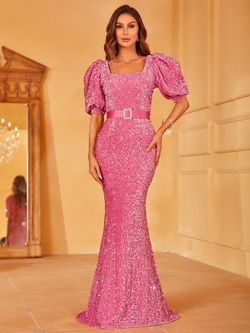 Style FSWD1476 Faeriesty Pink Size 0 Tall Height Square Neck Mermaid Dress on Queenly