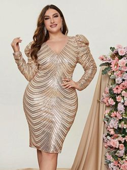 Style FSWD1012P Faeriesty Gold Size 20 Plunge Sequined Cocktail Dress on Queenly